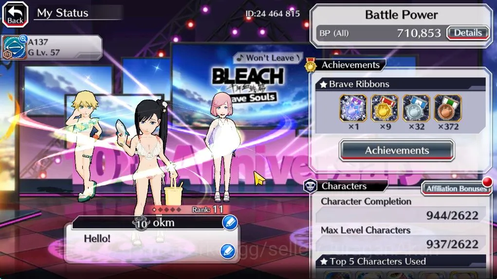 Bleach: Brave Souls Accounts Mid-Tier [Global] 47k Orb | Rukia10thAnniv, 3 BTW[Macy,Noel,Ninny],Kon,Ichigo Crescent 6
