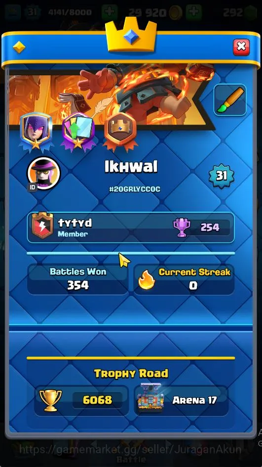 Clash Royale Accounts Lvl 31|Trophy 6068|KTL 11|Limited Skin|Card 113|1 image 4