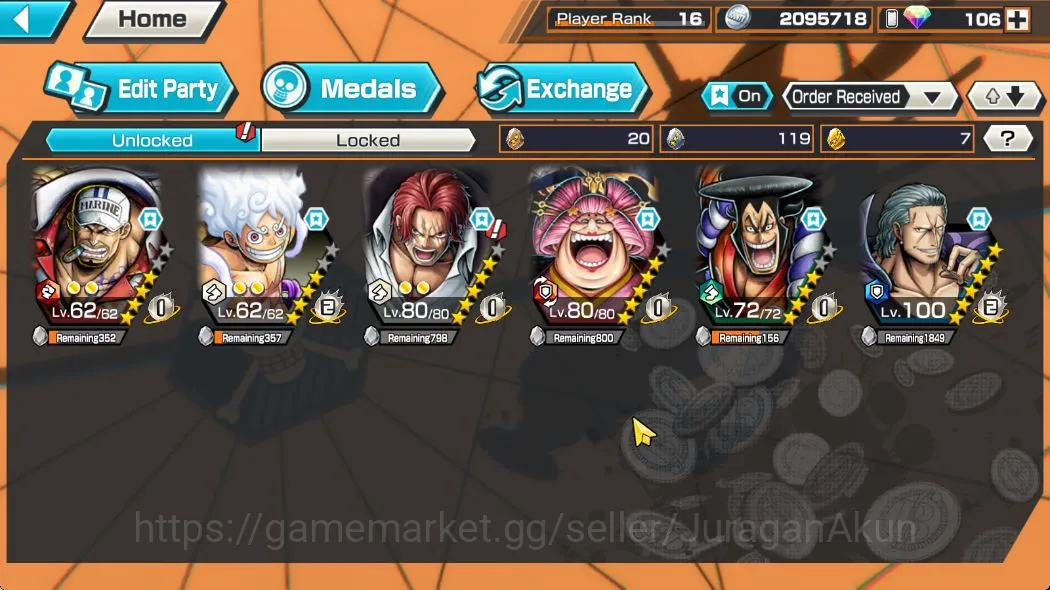 One Piece Bounty Rush Accounts Mid-Tier Global|5 META Extreme [Four Emperors Luffy,Sakazuki,Olin the Oiran,Shanks,Kozuki 4