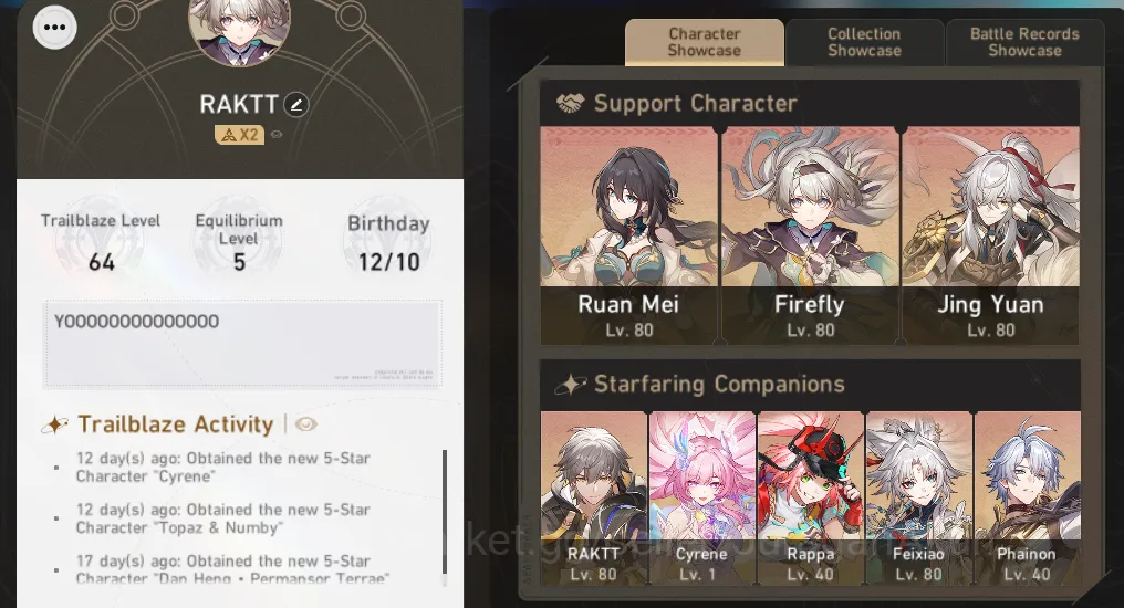 Honkai Star Rail Accounts Mid Game Asia|TL 64| 12 limited |Phainon,Firefly+Sign,Fei+Sign,Cyrene,Rappa|Mc Male|Amphoreus|Take 2