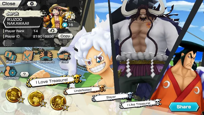 Global|5 META EX|Luffy G5,MWD Luffy,Kozuki Oden,Kaido,Sabo|Rank 14|Log Bandai|Check SS(OPBR1570) One Piece Bounty Rush Starter Global|5 META EX|Luffy G5,MWD Luffy,Kozuki Oden,Ka image 1