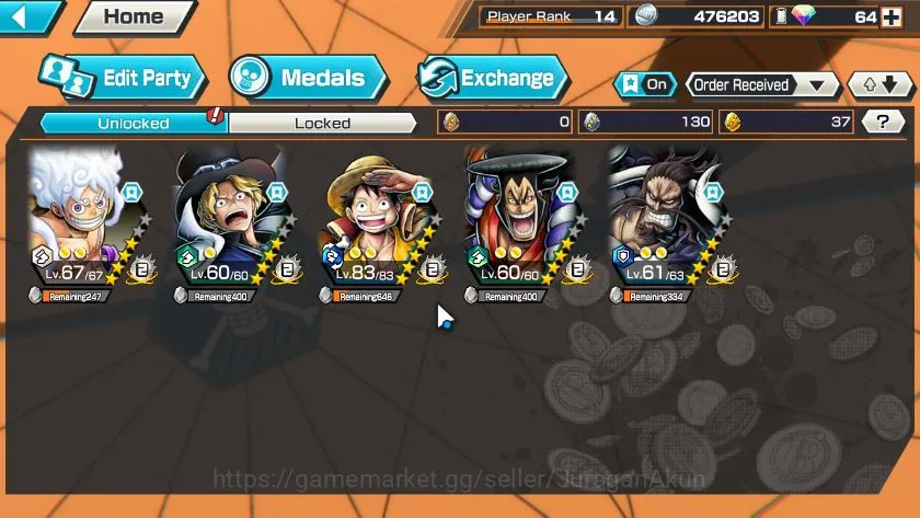One Piece Bounty Rush Accounts Starter Global|5 META EX|Luffy G5,MWD Luffy,Kozuki Oden,Kaido,Sabo|Rank 14|Log Bandai|Check 2