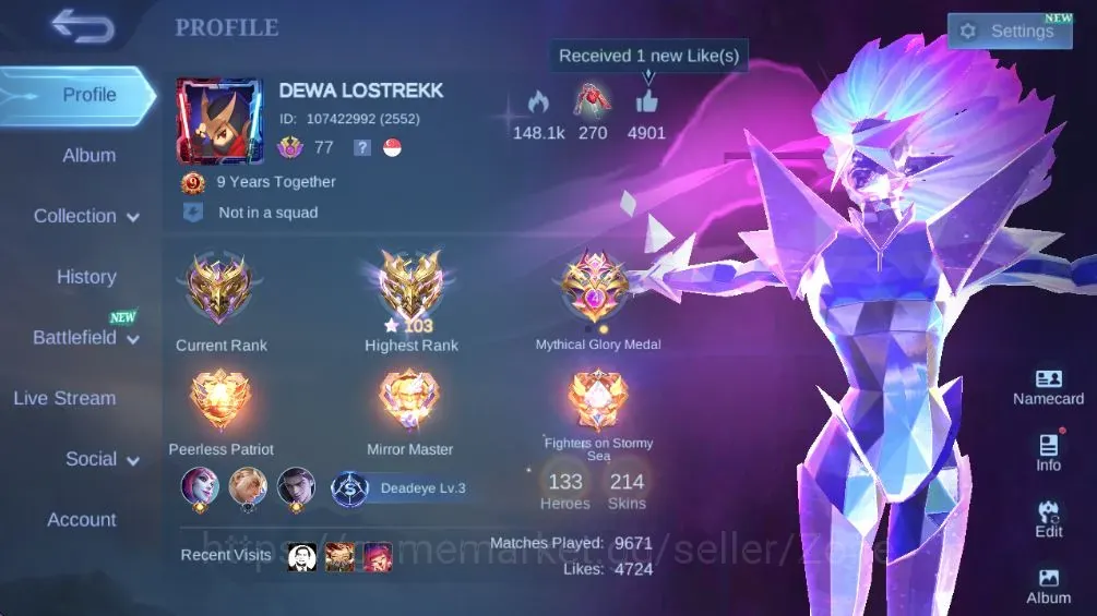 Mobile Legends: Bang Bang Accounts Others Hero133|Skin214|Expert|HighImmo103|STUN Selena|KOF Karina|Tformer Roger|CC 1