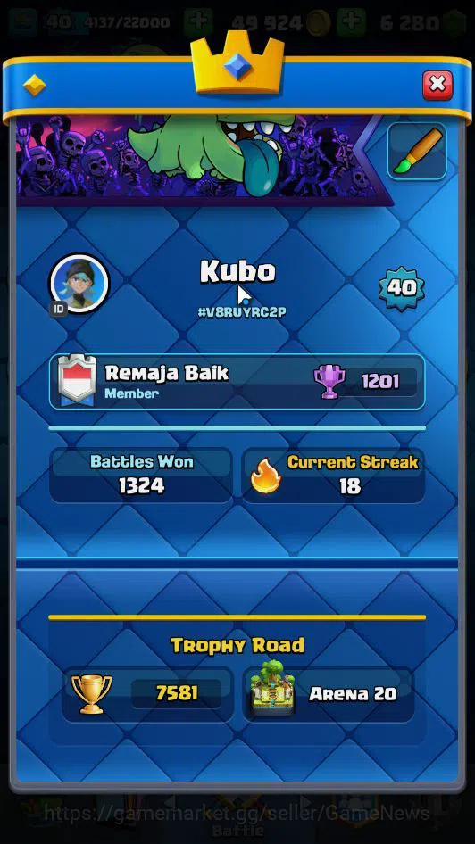 Clash Royale Accounts Midgame Lv 40|Trophy 7581|KTL 13|Limited Skin|Card 119| 1 Hero 7 EVO 6 Champ 22 Legendary 33 Epic 29 2