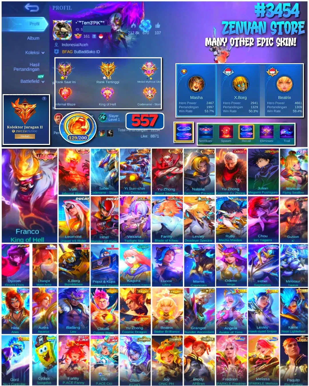 Mobile Legends: Bang Bang Accounts #3454 557 Skins | Multi Legends | Exorcist Yu Zhon image 1