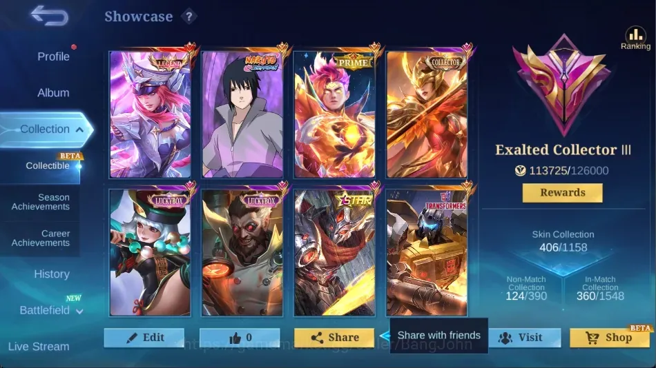 Mobile Legends: Bang Bang Accounts Collector Global|406 Skin|Exalted|LEGEND Freya,SASUKE,DM 668,Luckybox Ruby Roger 1