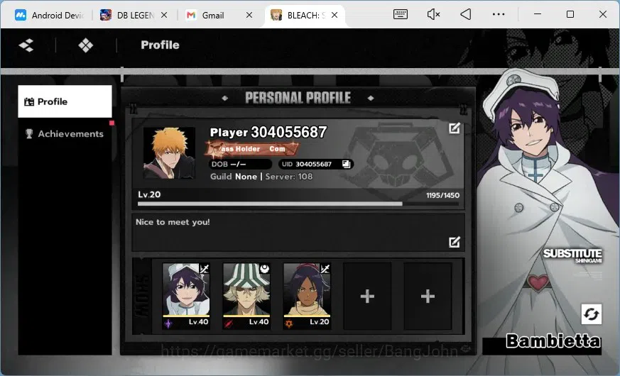 BLEACH: Soul Resonance Accounts Nuverse SEA|Lv.20| 3 SSR 1 Sign (Bambietta+Sign+Stamp,Uruhara,Yoruichi)|Log Google|Check SS 1