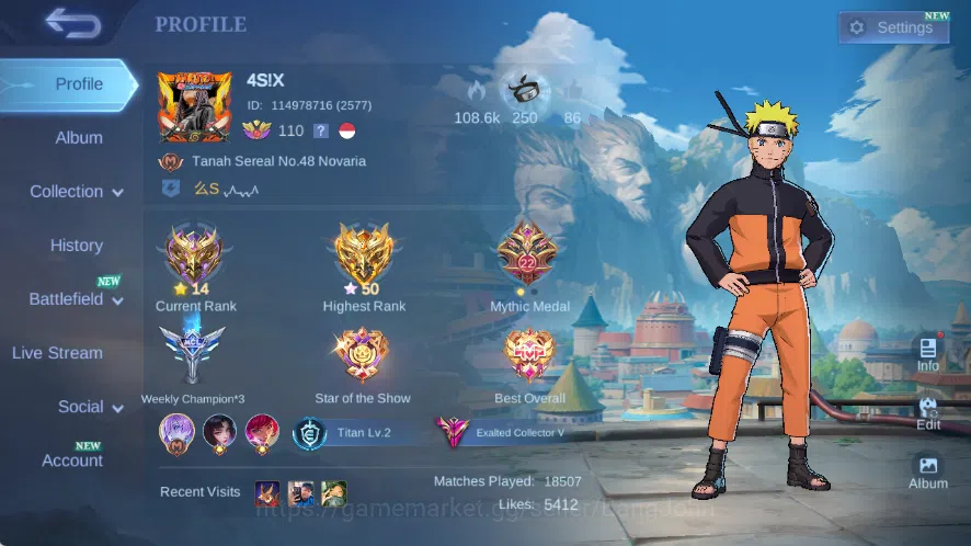 Mobile Legends: Bang Bang Accounts Others Global|Hero 133|Skin 332|Exalted V|KOF Karina,KFP Thamuz,Naruto Lukas,LBox 1