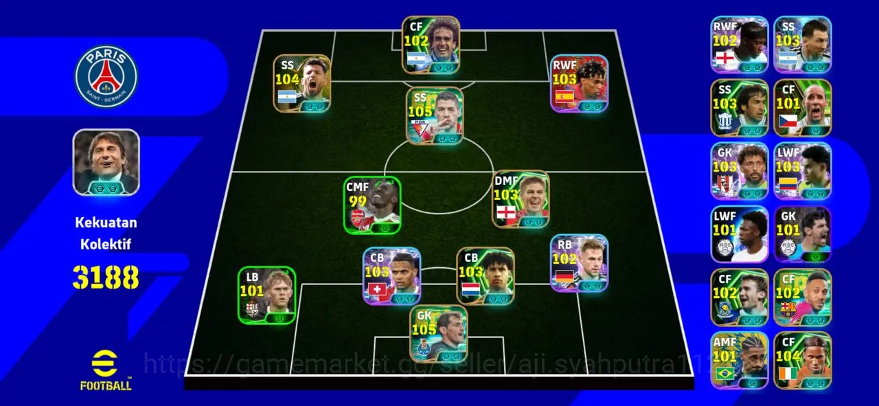 eFootball Accounts High-End COLECTIVE STRENGTH 3188 •CASILAS 105 EPIC•LUIZ SUAREZ 105 EPIC•GABRIEL BATISTUTA 102 1