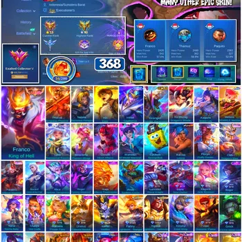 Mobile Legends: Bang Bang Accounts 🔥 #4091 🔥 💎 368 Skins 👑 Legend Franco King of Hell ⚔️ Exalted Collector V ⭐ Collector