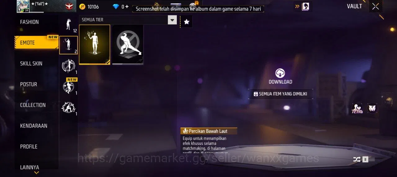 Free Fire Accounts Indonesia | SG HAND OF HOPE LUMUT VAULT 34 EMOTE 12 ANIMASI 1 KATANA LOBY 1 TAS 10 WEAPON 50 | W265 5