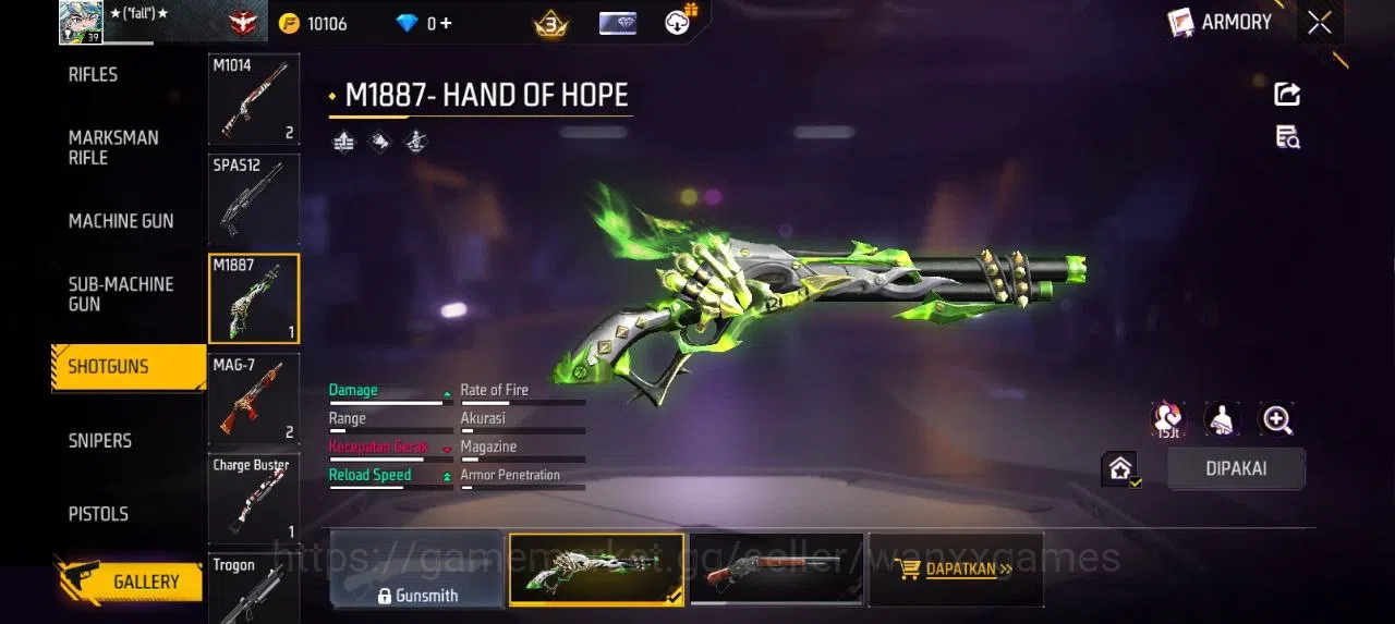 Free Fire Accounts Indonesia | SG HAND OF HOPE LUMUT VAULT 34 EMOTE 12 ANIMASI 1 KATANA LOBY 1 TAS 10 WEAPON 50 | W265 7