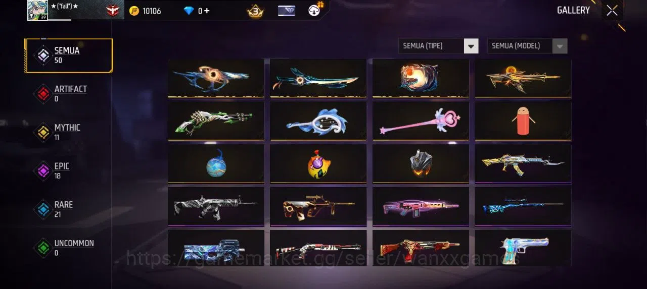 Free Fire Accounts Indonesia | SG HAND OF HOPE LUMUT VAULT 34 EMOTE 12 ANIMASI 1 KATANA LOBY 1 TAS 10 WEAPON 50 | W265 9
