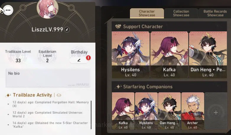 Honkai Star Rail Accounts Mid Game Asia|TL 33|10,8K SJ+40 Pass|4 Limited| [Hysilens,Kafka,Archer,Dan Heng PT] |Male 3