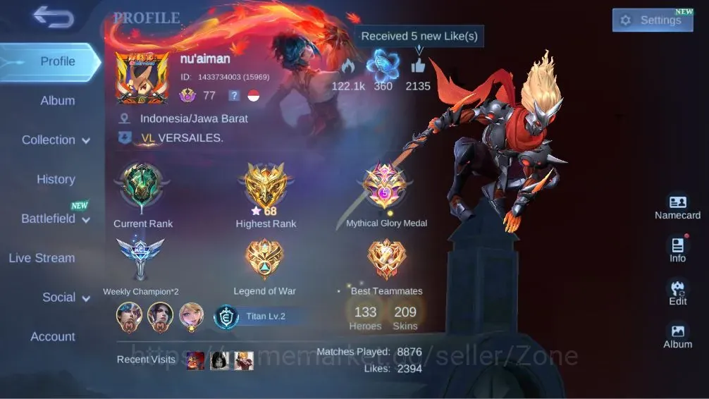 Mobile Legends: Bang Bang Accounts Collector Hero 133|Skin 209|HighGlory 68|Collector Nata|4 MSC|Haya Star|2 Blazing|Collab 1