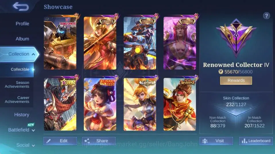 Mobile Legends: Bang Bang Accounts Collector Global|Skin 232|Renowned|Transformers Roger,STAR Hayabusa,Collector Natalia+Yi 2