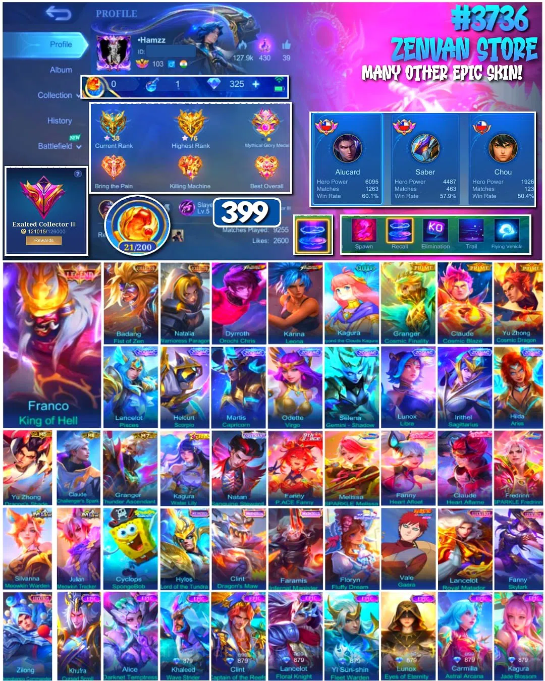 Mobile Legends: Bang Bang Accounts #3736 399 Skins | Legend Franco | 2 Collectors | P image 1