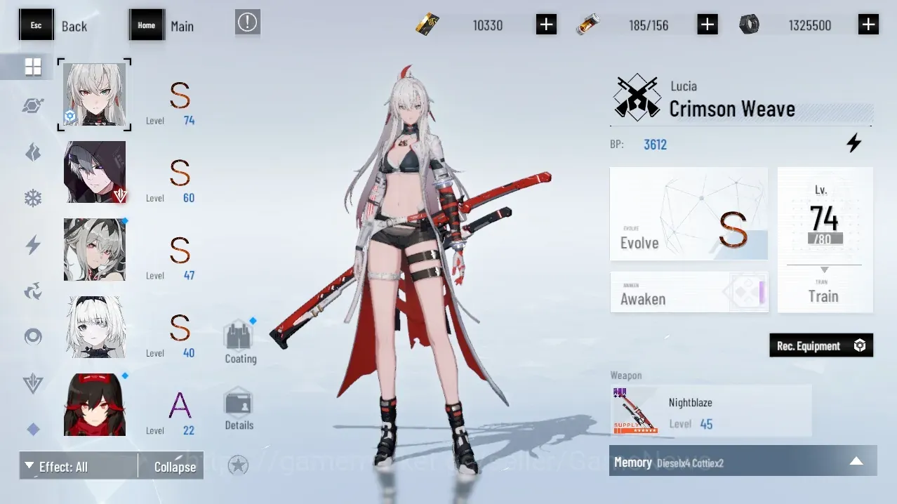 Punishing: Gray Raven Accounts Mid-Game ASIA|Lv 57|S Lucia Crimson Weave +Sign,S Jetavie D,S No 21 Feral,S Camu C|2 S Rank 1