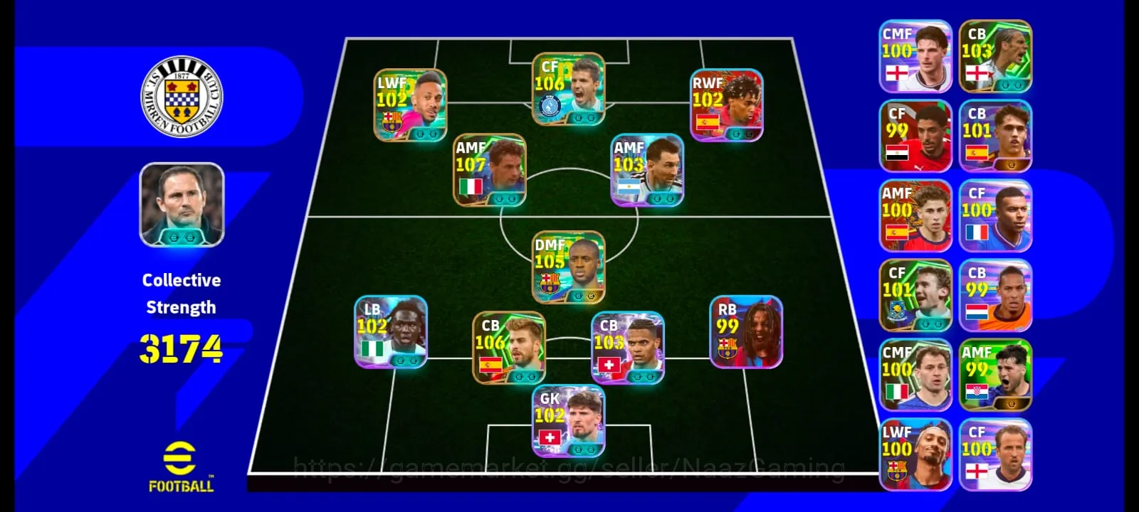 eFootball Accounts Mid-Tier 3174+ Team I Sergio Aguero 106 I Baggio 108 I Tore 106 I Pique 106 I Kobel 103 I Akenji 103 I 1