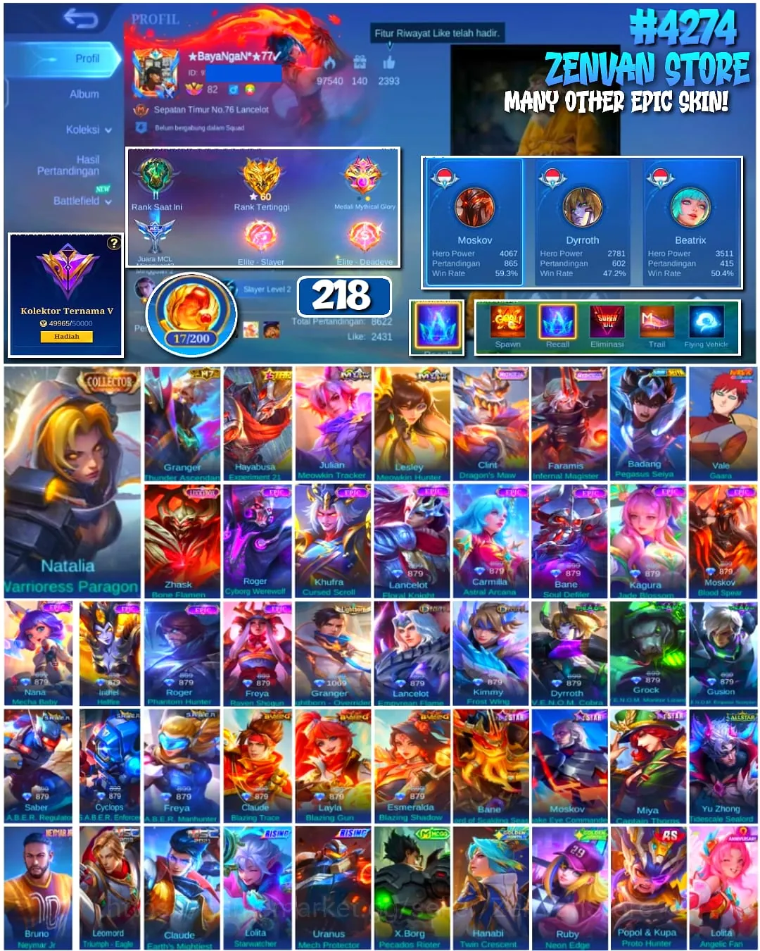 Mobile Legends: Bang Bang Accounts #4274 218 Skins | Natalia Warrioress Paragon (COLLECTOR) | Vale Gaara | Granger Thunder 1