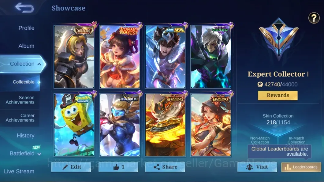 Mobile Legends: Bang Bang Accounts Collector Hero 133|Skins 218|Ex Glory 70|Emblem Max|CC Natalia,Lunar F Chang'e,Anniv 1