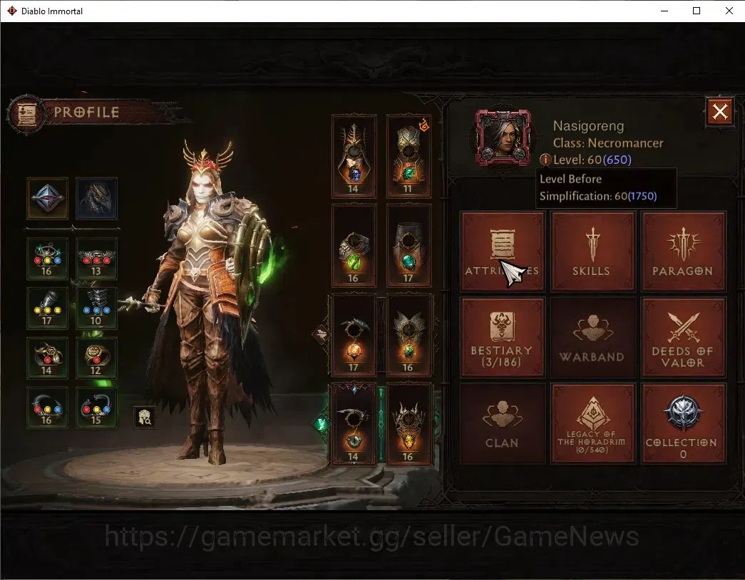 Diablo Immortal Accounts High-End SA - Malah|CS ON|Lv60(650)|Necromancer|CR 38484|Reso 510|Paragon Maledictor|Inferno 3