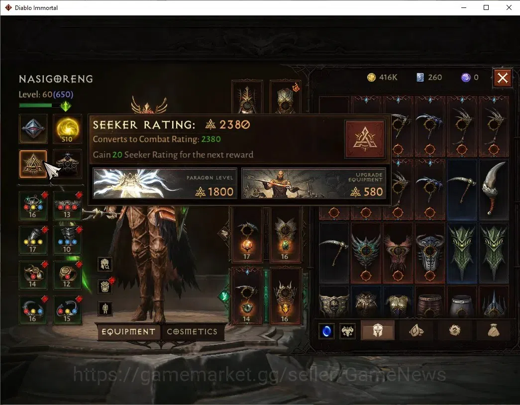 Diablo Immortal Accounts High-End SA - Malah|CS ON|Lv60(650)|Necromancer|CR 38484|Reso 510|Paragon Maledictor|Inferno 5