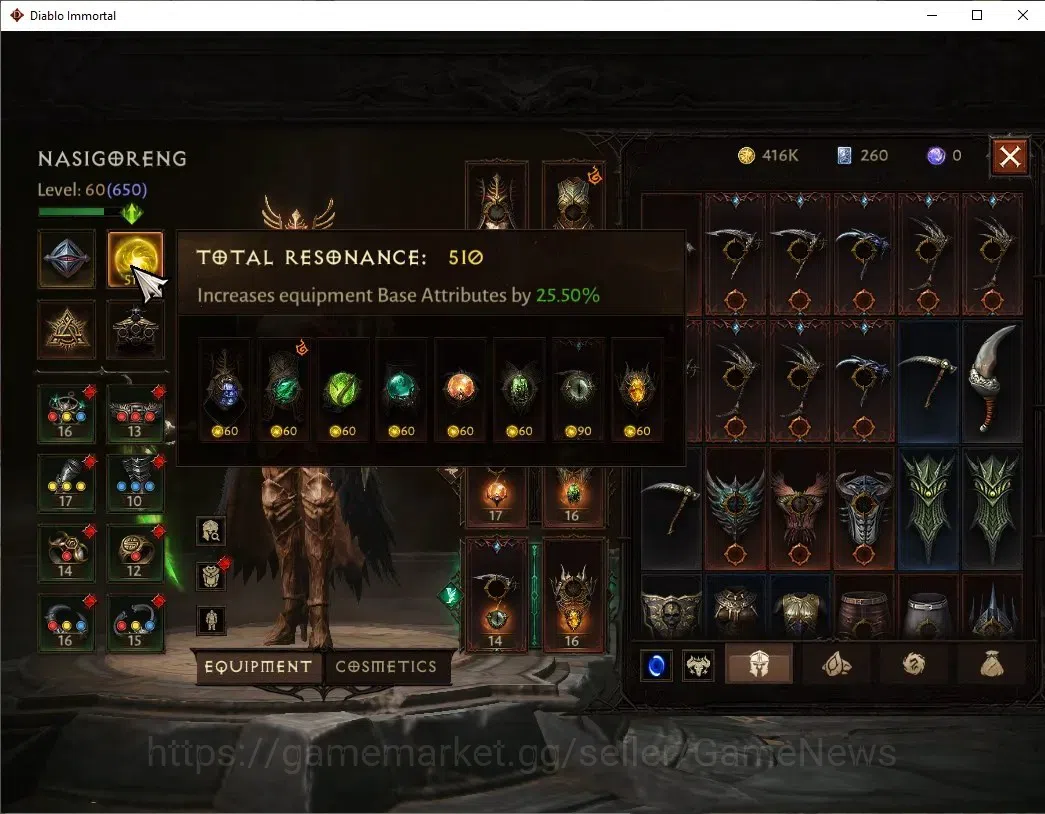 Diablo Immortal Accounts High-End SA - Malah|CS ON|Lv60(650)|Necromancer|CR 38484|Reso 510|Paragon Maledictor|Inferno 6
