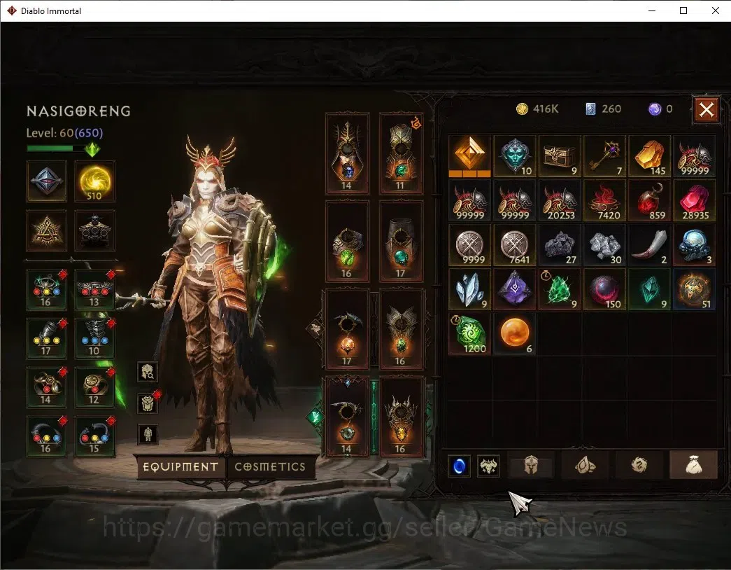 Diablo Immortal Accounts High-End SA - Malah|CS ON|Lv60(650)|Necromancer|CR 38484|Reso 510|Paragon Maledictor|Inferno 9