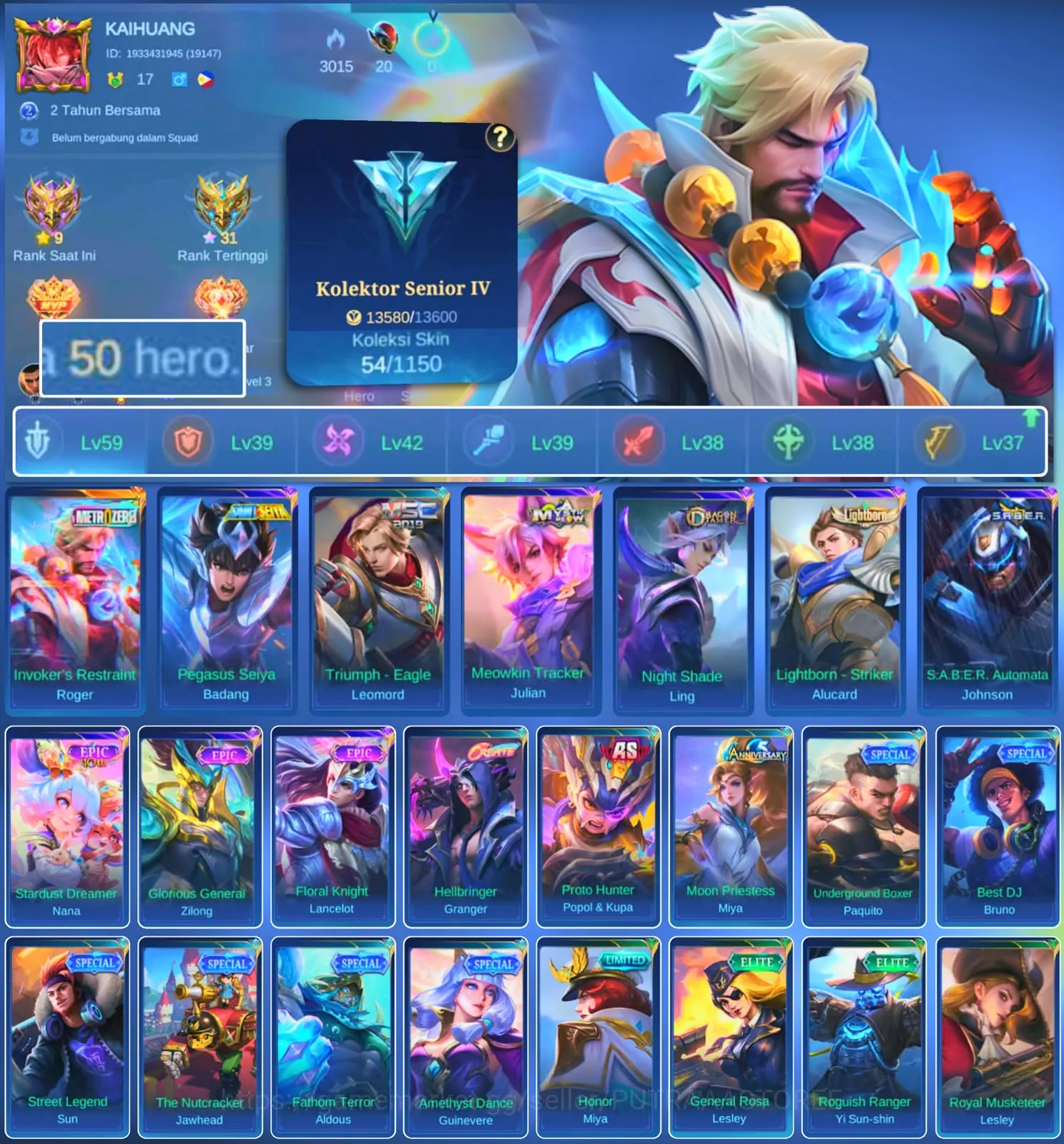 Mobile Legends: Bang Bang Accounts Others HERO 50 SKIN 54 | EMBLEM GOOD | METROZERO ROGER | EPIC LANCELOT| PENGASUS SEIYA 1