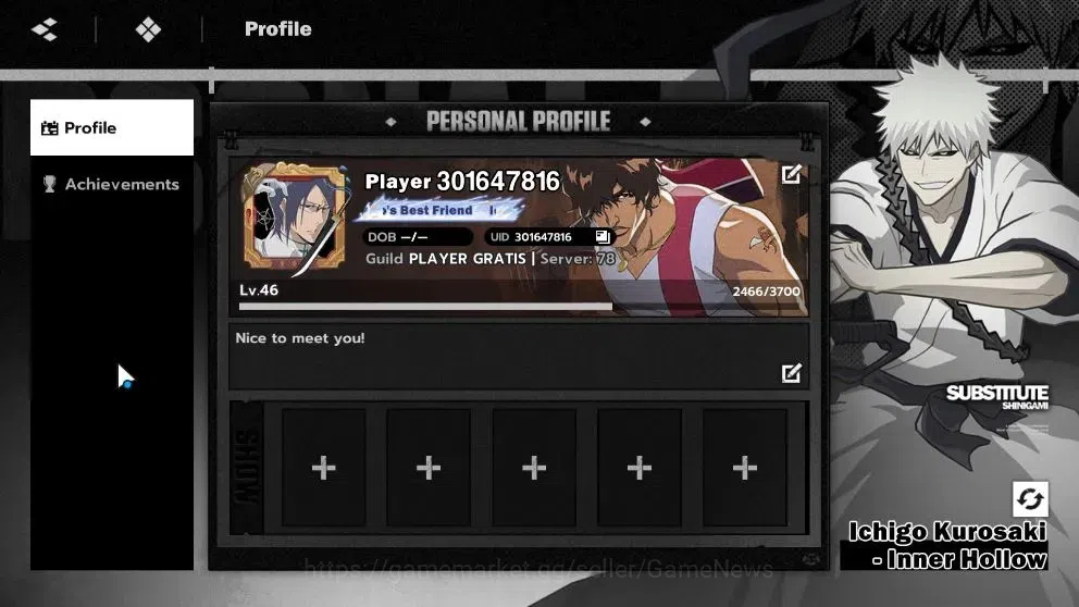 BLEACH: Soul Resonance Accounts NUVERSE SEA|Lv46|6 SSR|5 Sign|(Ulquiorra,Aizen,Urahara,Ikkaku,Tosen)+Stamp,Ichigo IH|+10 1
