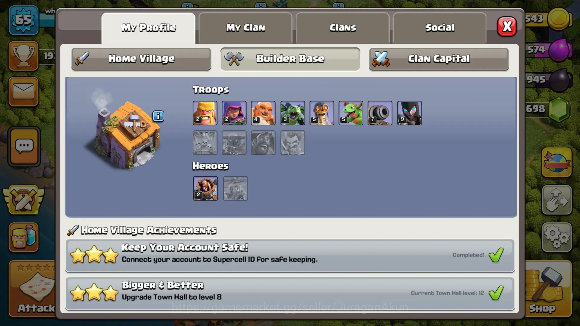 TH12- BH6|Lv 65|3Builder - Thropy 1973 - HH5|BK38:AQ38:MP4:GW10|Supercell ID|(COC1024) Clash of Clans Mid-Tier TH12- BH6|Lv 65|3Builder - Thropy 1973 - HH5|BK38: image 1
