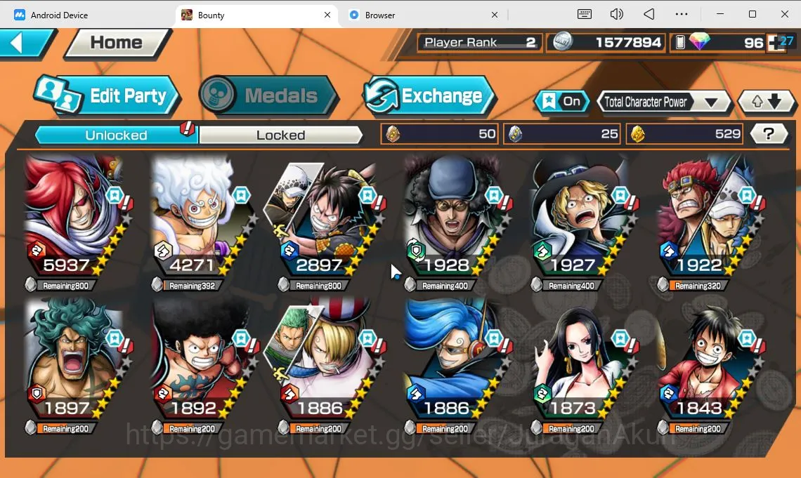 One Piece Bounty Rush Accounts Mid-Tier Global| 4 META EX|TEF Luffy,BlackBeard Kuzan,Flame Emperor Sabo,Onigashima