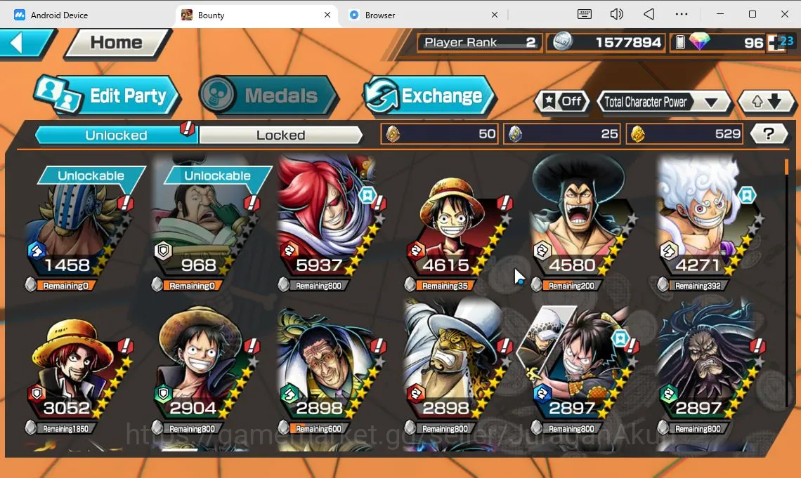 One Piece Bounty Rush Accounts Mid-Tier Global| 4 META EX|TEF Luffy,BlackBeard Kuzan,Flame Emperor Sabo,Onigashima 5