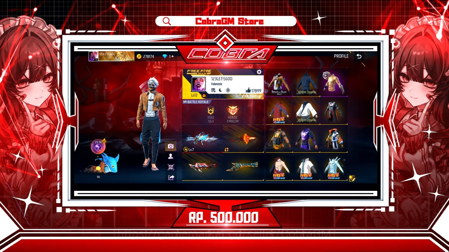 Free Fire Accounts Akun Free Fire Vault 640 | Evo 1 Max | Levi | Sukuna | Naruto | Megumi | Angel | Bunny | Booyah | YinYang 1