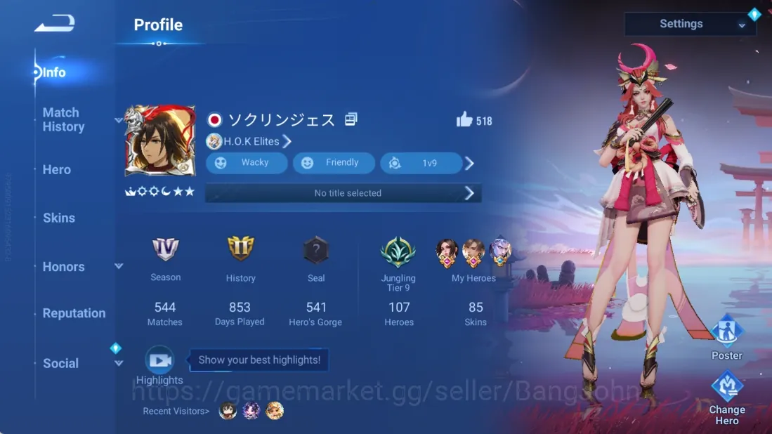 Honor of Kings Accounts Others Global|107H 85S|Blessed:Mai Shiranui|Legend:Yao&Li Xin|SXD: Hou Yi|GrandMaster: Gan&Mo|Check 1