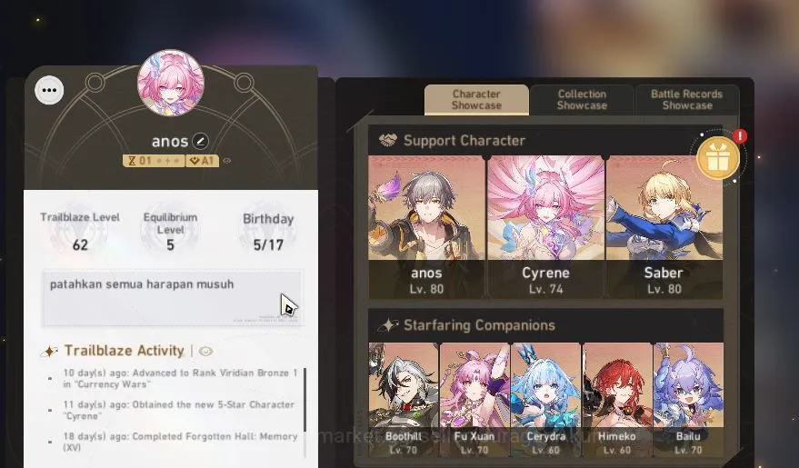 Honkai Star Rail Accounts Mid Game ASIA|TL 62|6 Limited|Cyrene,Dante,Cerydra,Saber,Bothil,Archer|MC Male|Amphoreus|Take 5