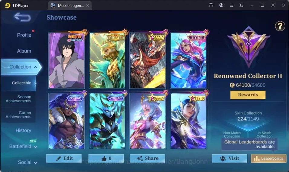 Mobile Legends: Bang Bang Accounts Collector Global|224 SC|Collector|KOF Karina,Prime Granger,Sanrio Floryn,Naruto Suyou,LBX 1