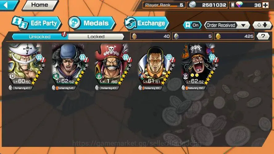 One Piece Bounty Rush Accounts High-End Global | EX 5 | PR 5 | Edward Newgate,Kuzan,Gol D. Roger,Borsalino,Marshall D. Teach 4