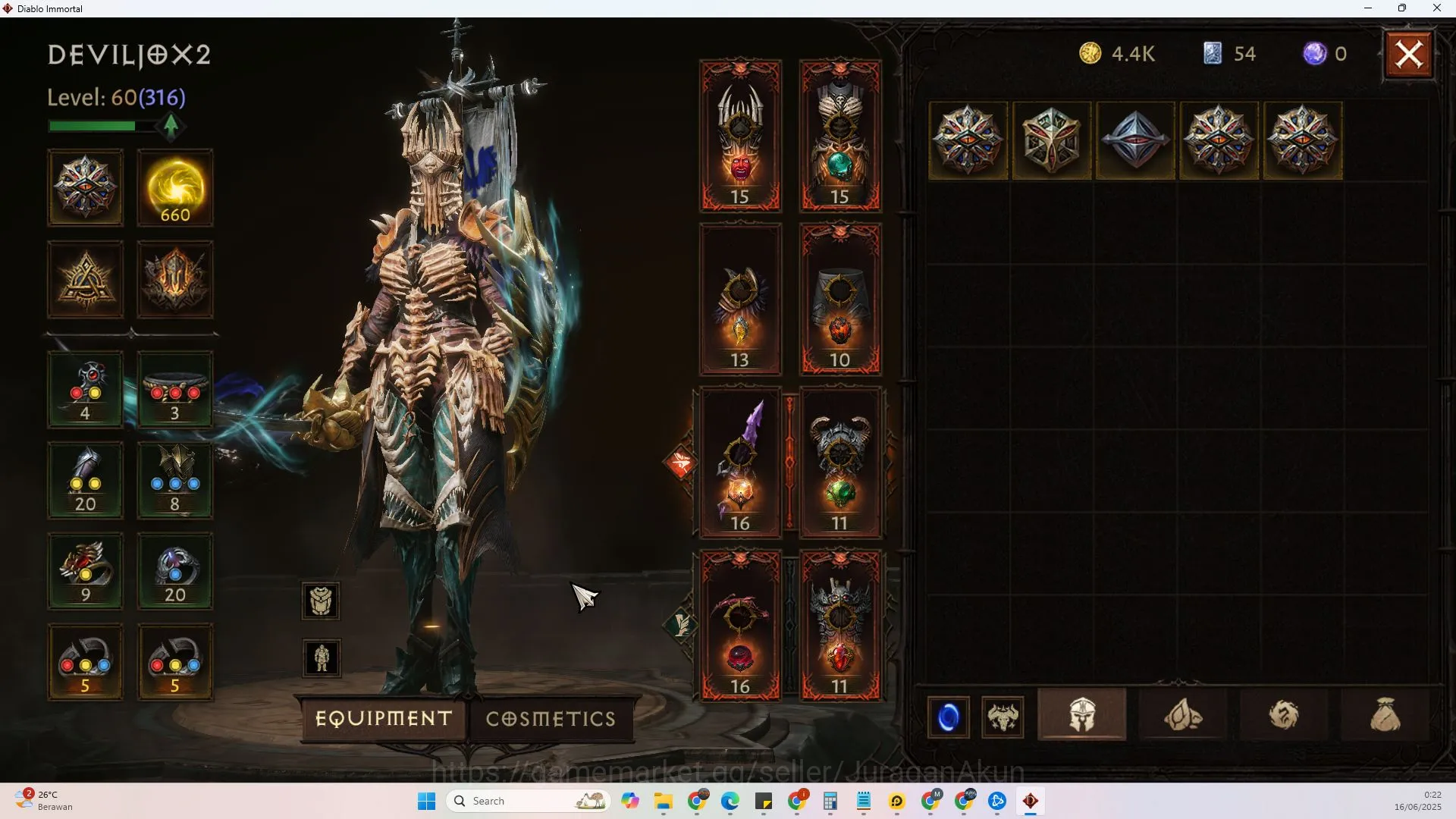 Diablo Immortal Accounts Mid-Tier SEA - vasily||Lv 60(316)Necro(60,316)26KCR|Reso660|Hell 3 Harbinger lv 21 4