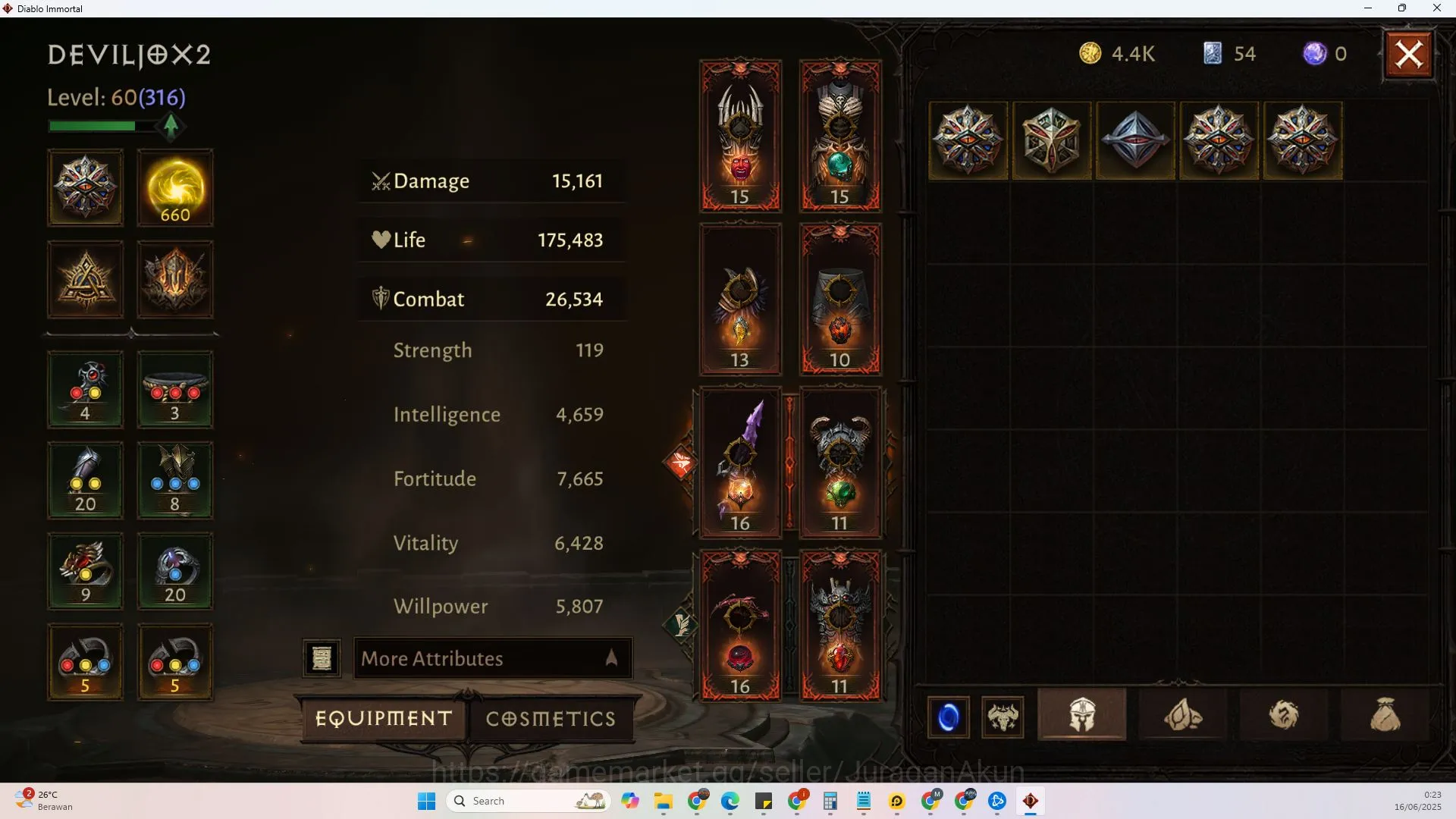 Diablo Immortal Accounts Mid-Tier SEA - vasily||Lv 60(316)Necro(60,316)26KCR|Reso660|Hell 3 Harbinger lv 21 5
