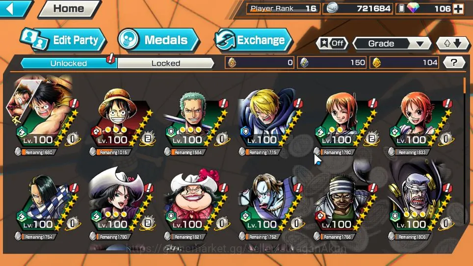 One Piece Bounty Rush Accounts Starter Global| 4 META EX| Kuzan,King OTP Gol DRoger,S-Snake,Jaygarcia Saturn|Rank 16|Log 4