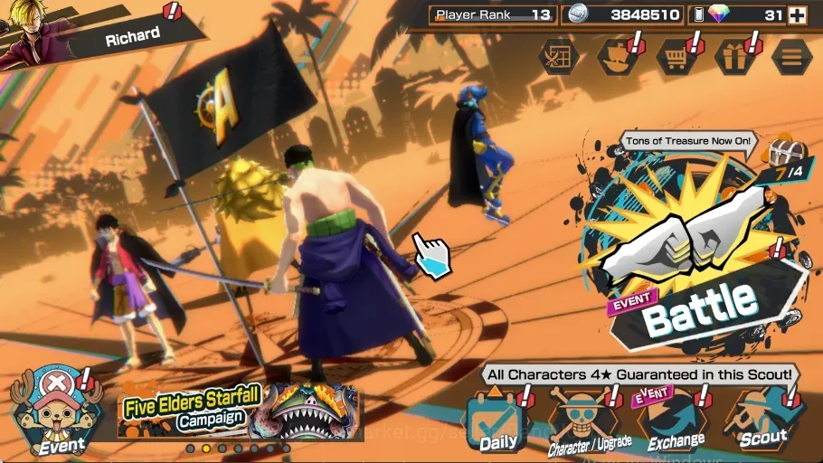 One Piece Bounty Rush Accounts High-End Android |PR 13|2 Ex|1Max|Zoro & Sanji,GolD.Roger|RD 31|LogBandai|Check SS OPBR765B 1