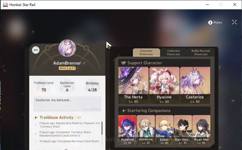 Honkai Star Rail Accounts Mid Game Asia|TL 70|15 Limited|(Castorice,Hyacine,Acheron,Aventurine)+Sign [Sunday Etc]| MC Male 3