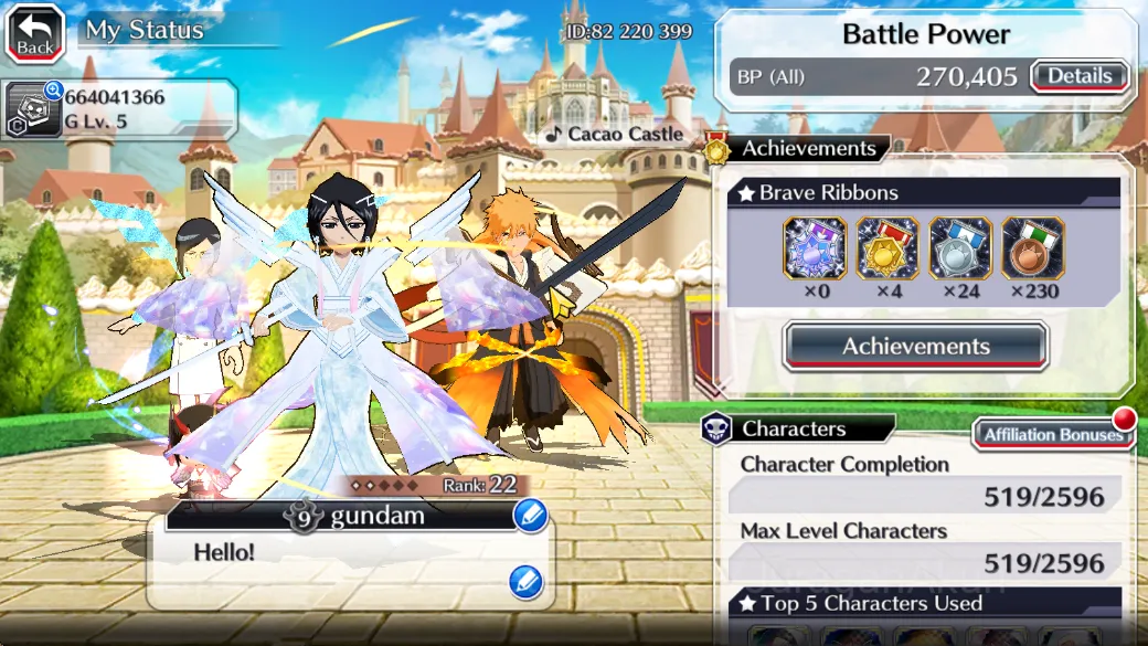 Bleach: Brave Souls Accounts Mid-Tier GLOBAL 10K ORB|5 Char 5/5(Rukia10TH,Gremmy9TH,Ichigo9TH,Chat) Lv200 up|Fresh Story|CE 2