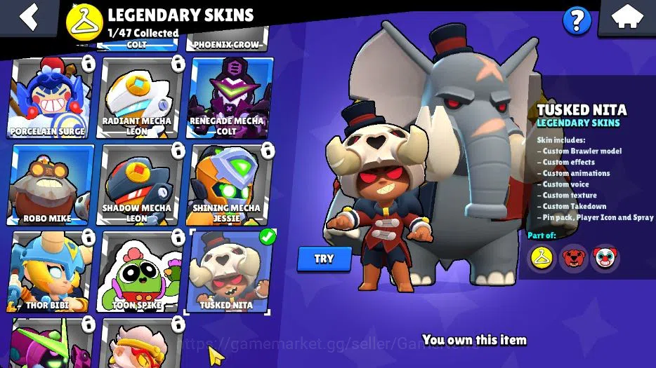 Brawl Stars Accounts 1002 Trophy|10K Bling|16 Brawlers 3 Max Lvl|1 Legend Skins [Tusked Nita] 3 Epic Skins [Doctor Edgar]|CN 10