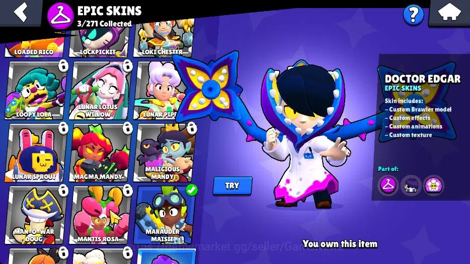 Brawl Stars Accounts 1002 Trophy|10K Bling|16 Brawlers 3 Max Lvl|1 Legend Skins [Tusked Nita] 3 Epic Skins [Doctor Edgar]|CN 11