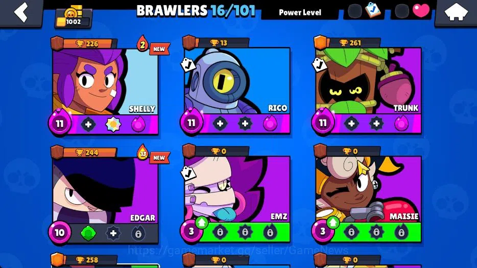 Brawl Stars Accounts 1002 Trophy|10K Bling|16 Brawlers 3 Max Lvl|1 Legend Skins [Tusked Nita] 3 Epic Skins [Doctor Edgar]|CN 6