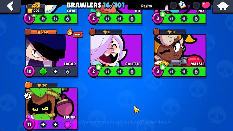 Brawl Stars Accounts 1002 Trophy|10K Bling|16 Brawlers 3 Max Lvl|1 Legend Skins [Tusked Nita] 3 Epic Skins [Doctor Edgar]|CN 7