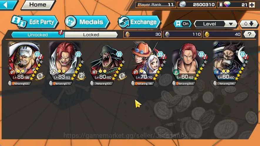 One Piece Bounty Rush Accounts Mid-Tier Global | 6 Meta Extreme [Shanks,Marshall D Teech,Sakazuki,Kaido,Ace and 2